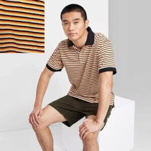 Original Use Retro Stripe Terry Polo Shirt 70s Inspired Collared Top Large